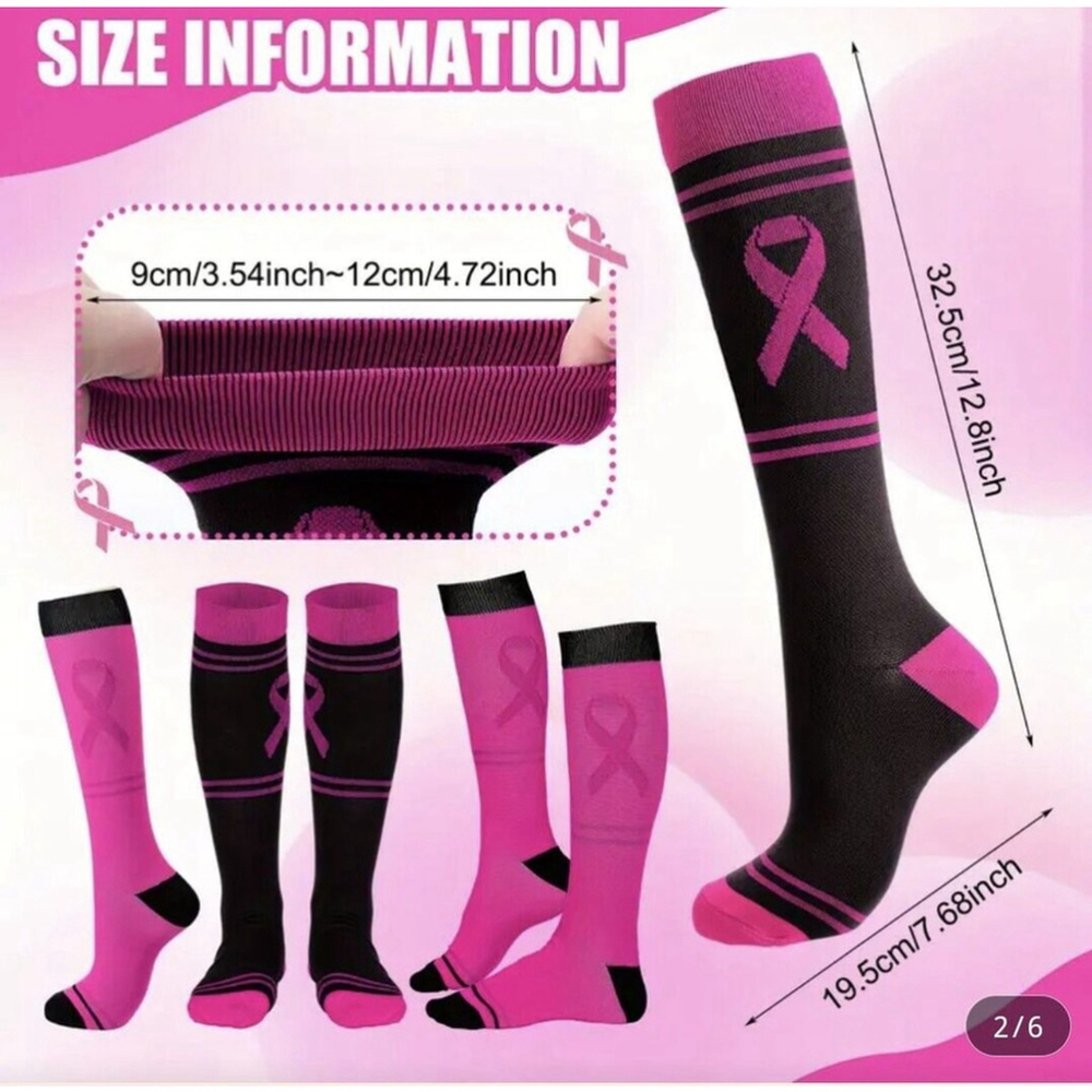 2 Pair Socks Athletic Compression Knee High Pink Ribbon Cancer Awareness Sock - Picture 3 of 6